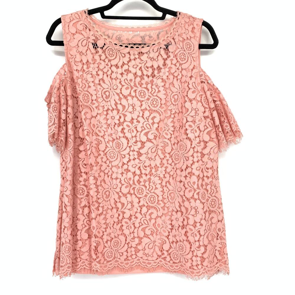 Isaac Mizrahi Live Cold Shoulder Lace Blouse Womens Size Large Pink
